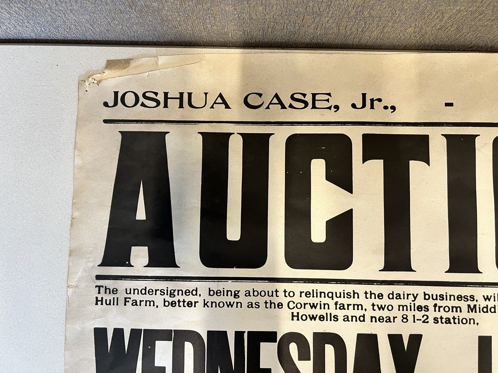 Antique 1800s Corwin Farm Otisville NY Auction Poster Silas Peet Times Press