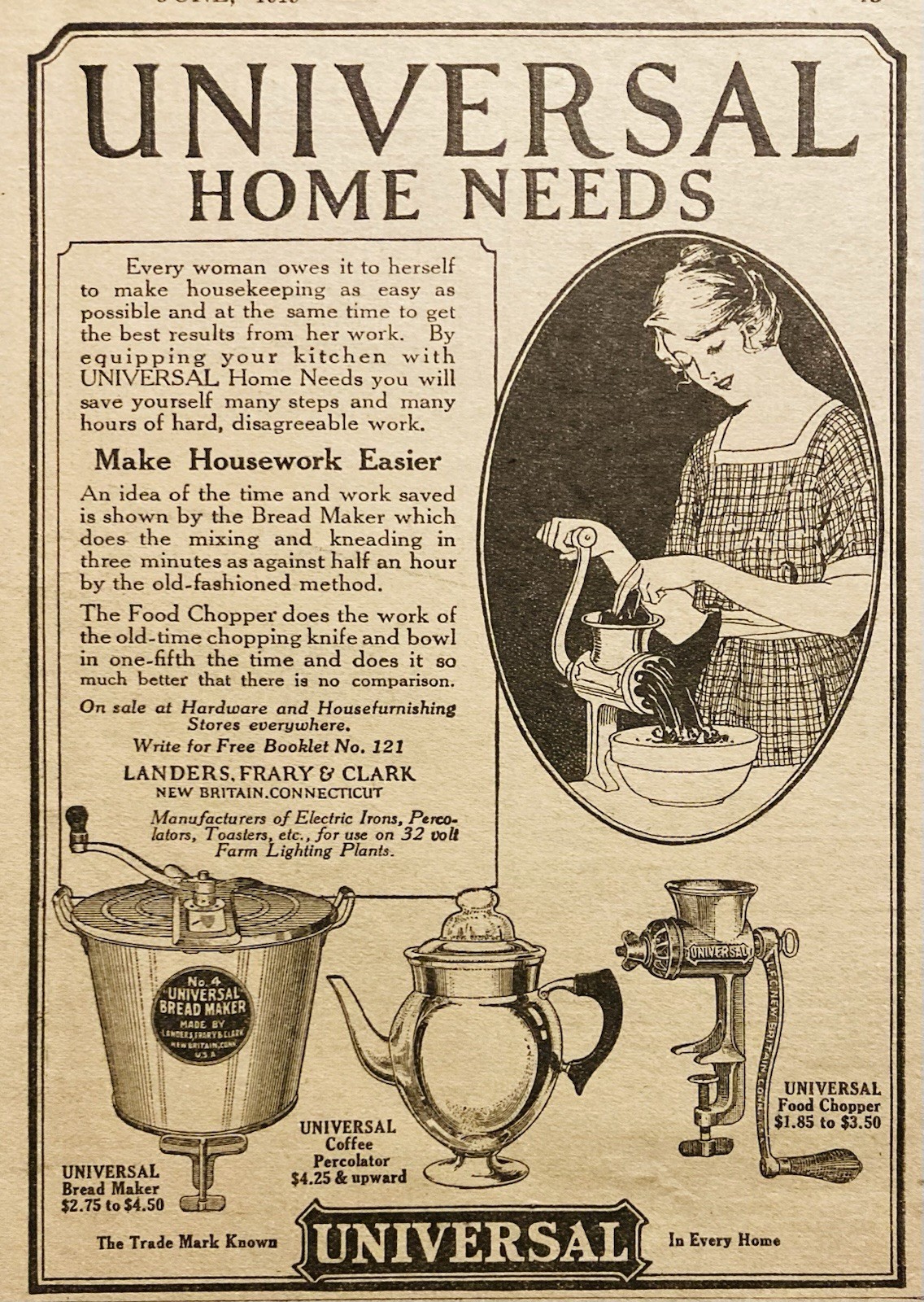 1919 AD.(PC9)~LANDERS, FRARY & CLARK, NEW BRITAIN, CONN. UNIVERSAL HOME ITEMS