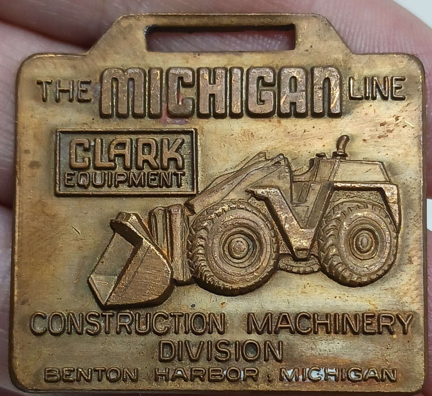 CLARK Equipment Watch Fob MICHIGAN Line Tractor Brass Key Benton Harbor VTG #J-8