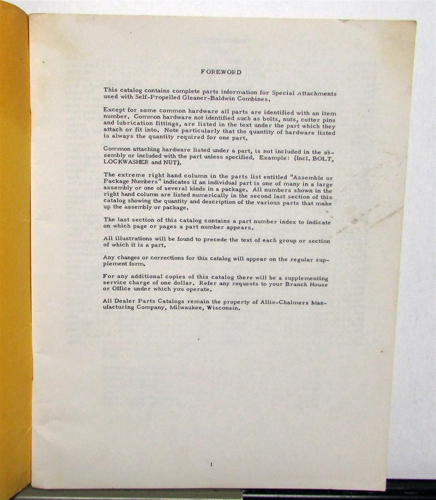 1958 Allis Chalmers Attachment Gleaner Baldwin Combine Spec Dealer Parts Catalog