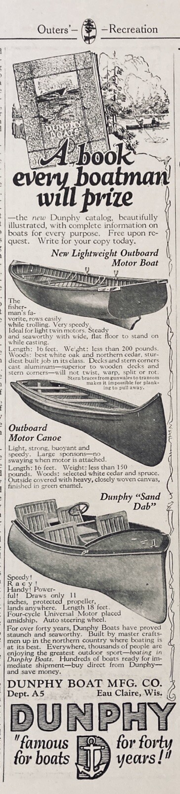 1924 AD(XF6)~DUNPHY BOAT MFG. CO. EAU CLAIRE, WIS. “FAMOUS BOATS FOR 40 YEARS”
