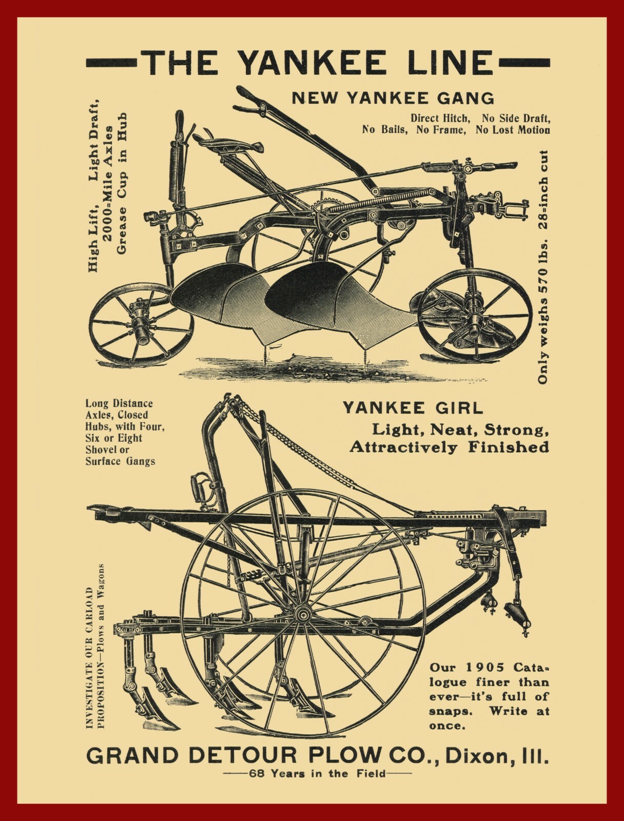 1905 Grand Detour Plow Co NEW Metal Sign: Yankee Line of Plows – Dixon, Illinois