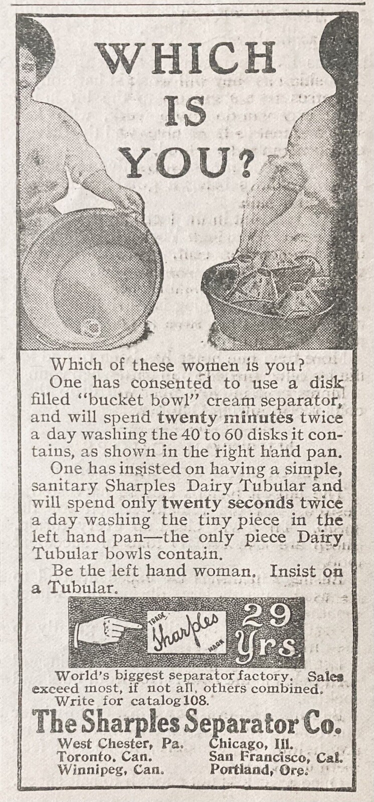 1909 AD.(XH10)~SHARPLES SEPARATOR CO. WEST CHESTER, PA. CREAM SEPARATORS~