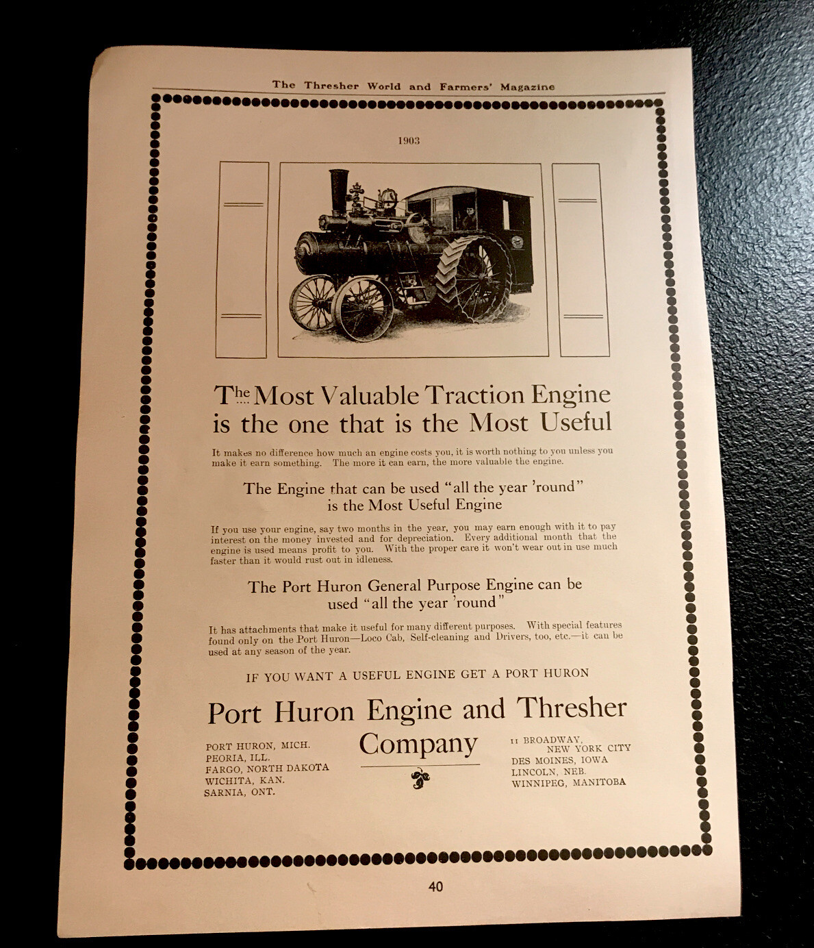 1903 Port Huron Engine & Thresher Farm Implements Advertising – Michigan