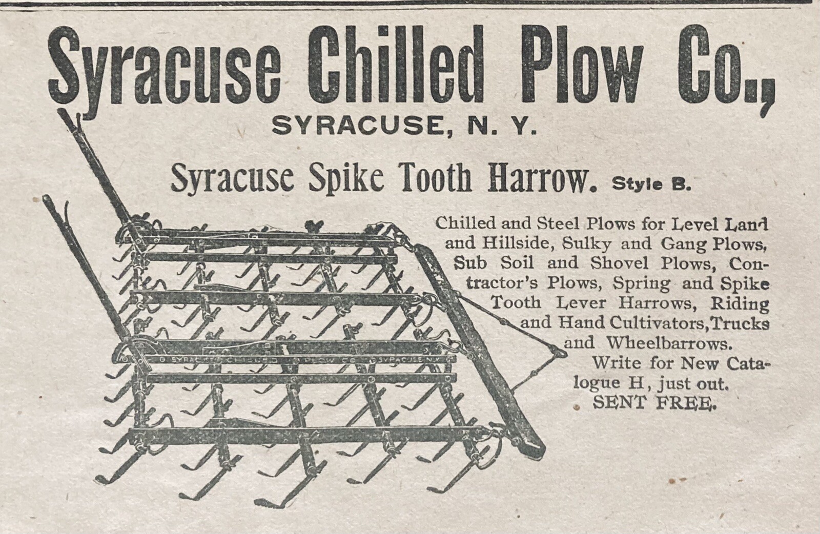 1896 AD.(XH44)~SYRACUSE CHILLED PLOW CO. SYRACUSE, NY. SPIKE TOOTH HARROW