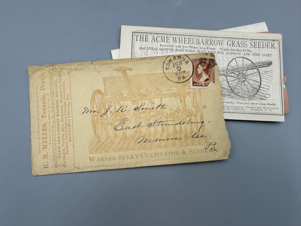 1885 WARNER CULTIVATOR Farm TOWANDA PA Postal Cover ACME WHEELBARROW Advertising