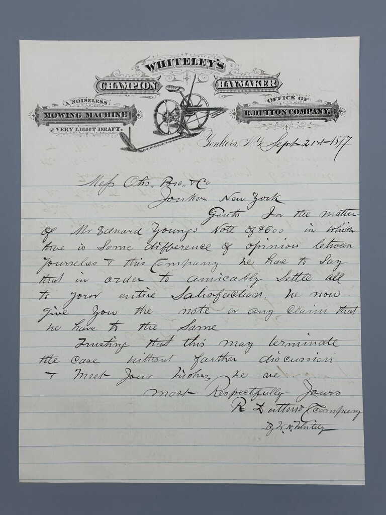 1877 WHITELEY&rsquo;s CHAMPION HAYMAKER Mower FARM ADVERTISING Letterhead YONKERS NY