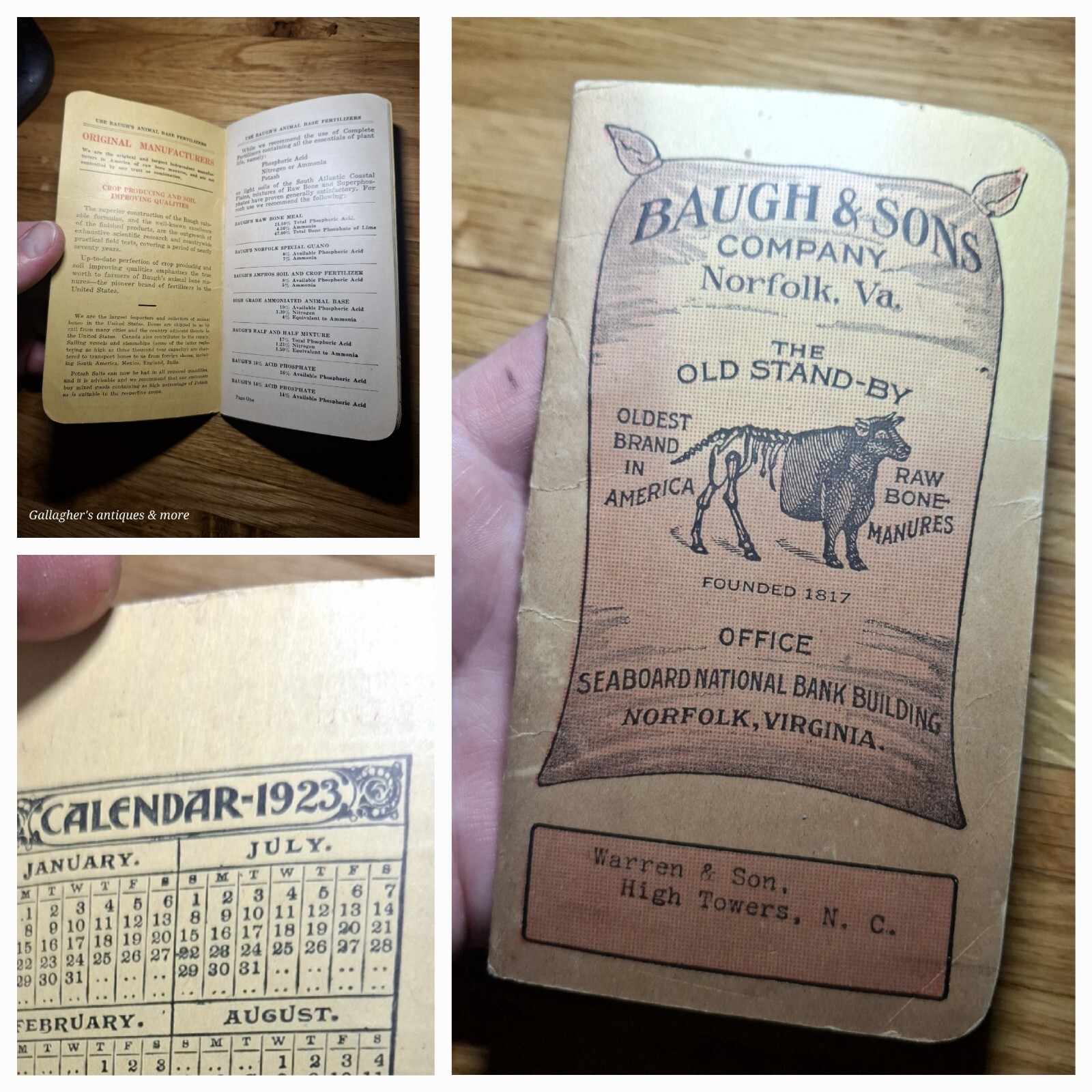1923 Baugh & Sons Notepad Fertilizer Warren & son High towers NC north carolina