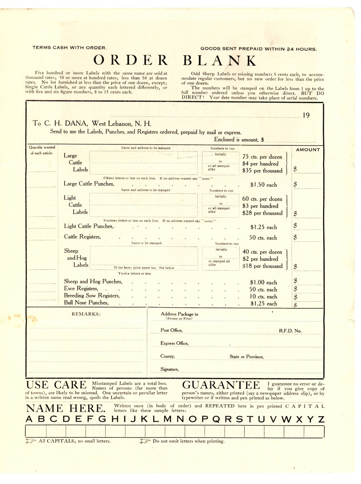 Dana&rsquo;s Stock Labels & Breeder Memorandum C H Dana West Lebanon New Hampshire