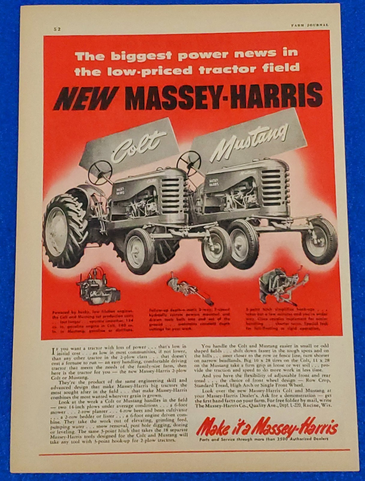 1952 MASSEY-HARRIS COLT, MUSTANG TRACTORS ORIGINAL PRINT AD HEARTLAND OF AMERICA