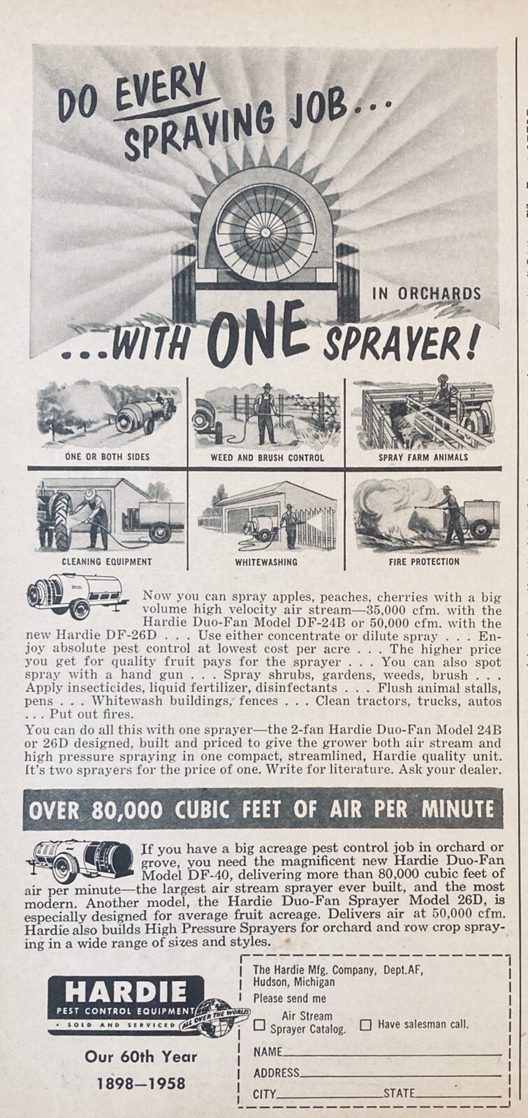 1958 AD.(XG4)~HARDIE MFG. CO. HUDSON, MI. DUO-FAN MODEL DF-24B ORCHARD SPRAYER