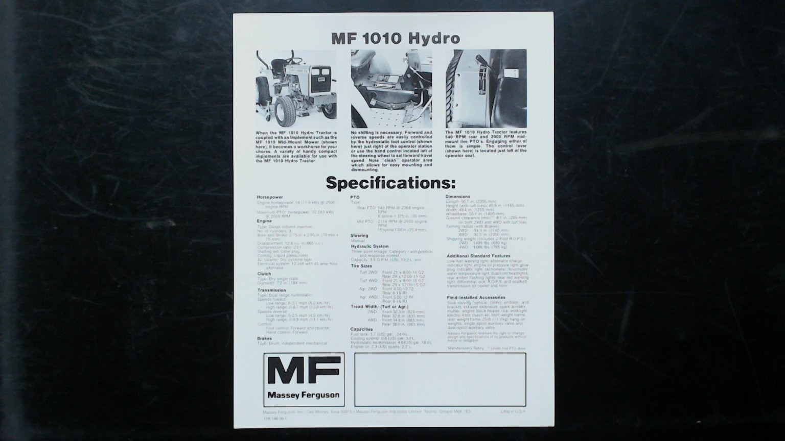 Massey Ferguson 1010 Hydro Tractor Brochure Vintage Agricultural Spec Sheet