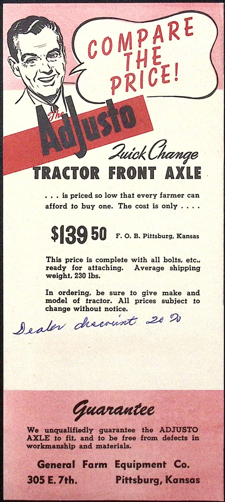 1953 Adjusto Quick Change Tractor Front Axle General Farm Equipment Co Brochure