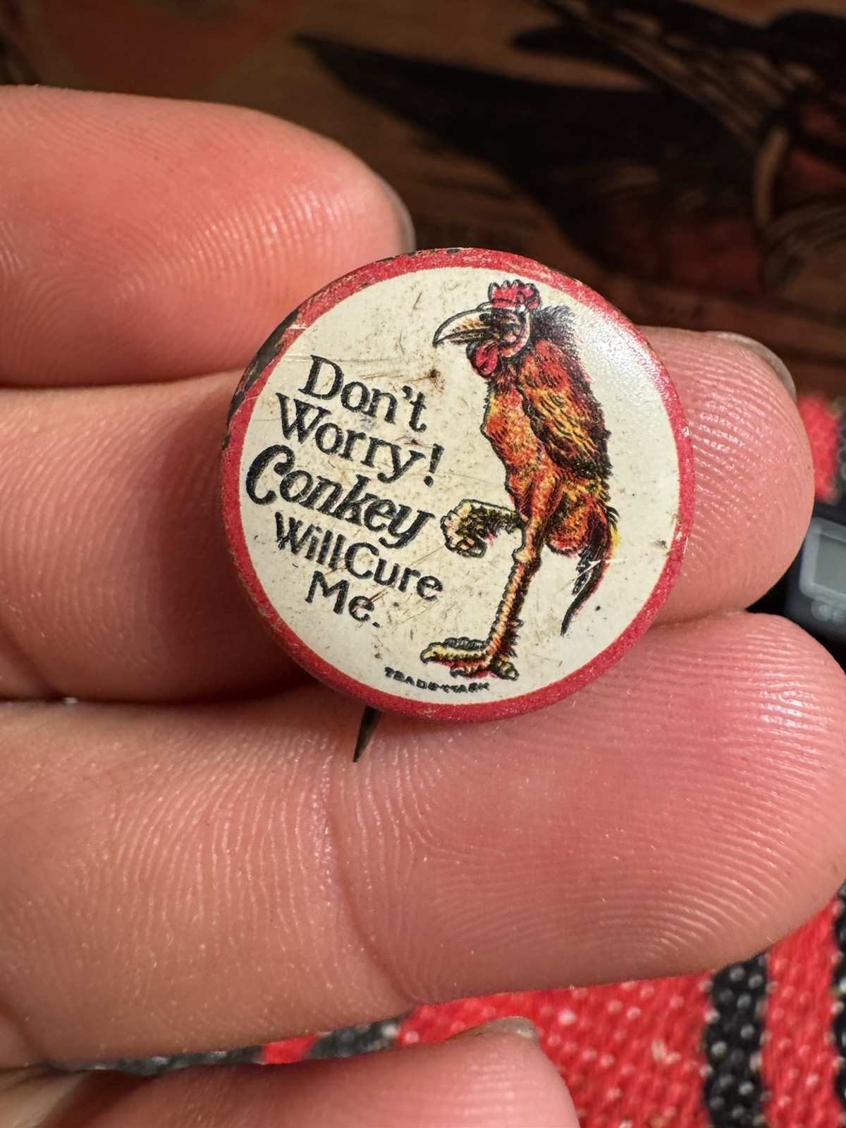 Antique c1908 Conkey Poultry Cure Pin Don’t Worry Chicken Button