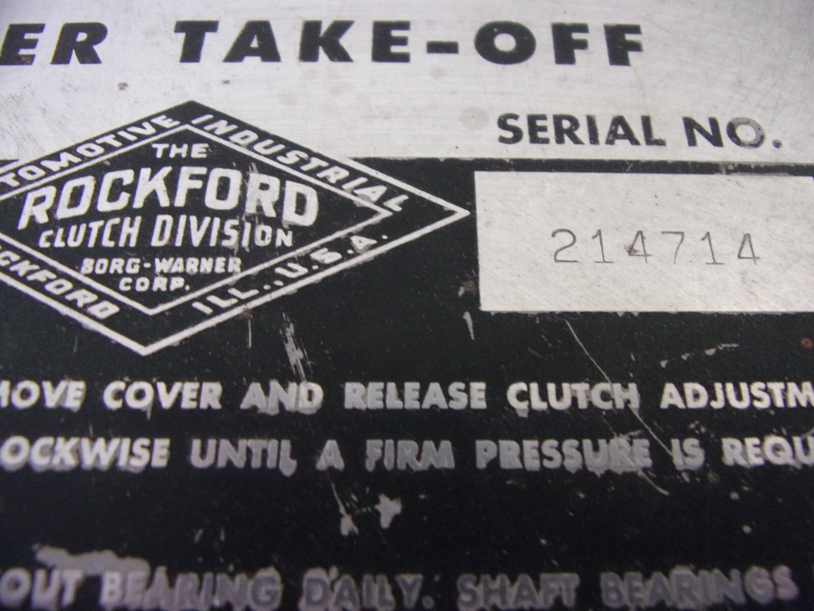 Vintage Rockford Power Take-Off Metal Tag/Plate Model GRA-589