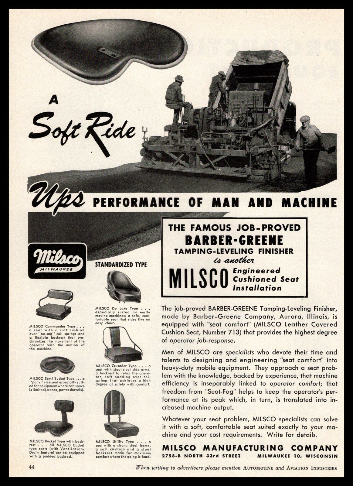 1947 MILSCO Mfg Co Milwaukee WI Barber-Greene Tamping Leveling Finisher Print Ad
