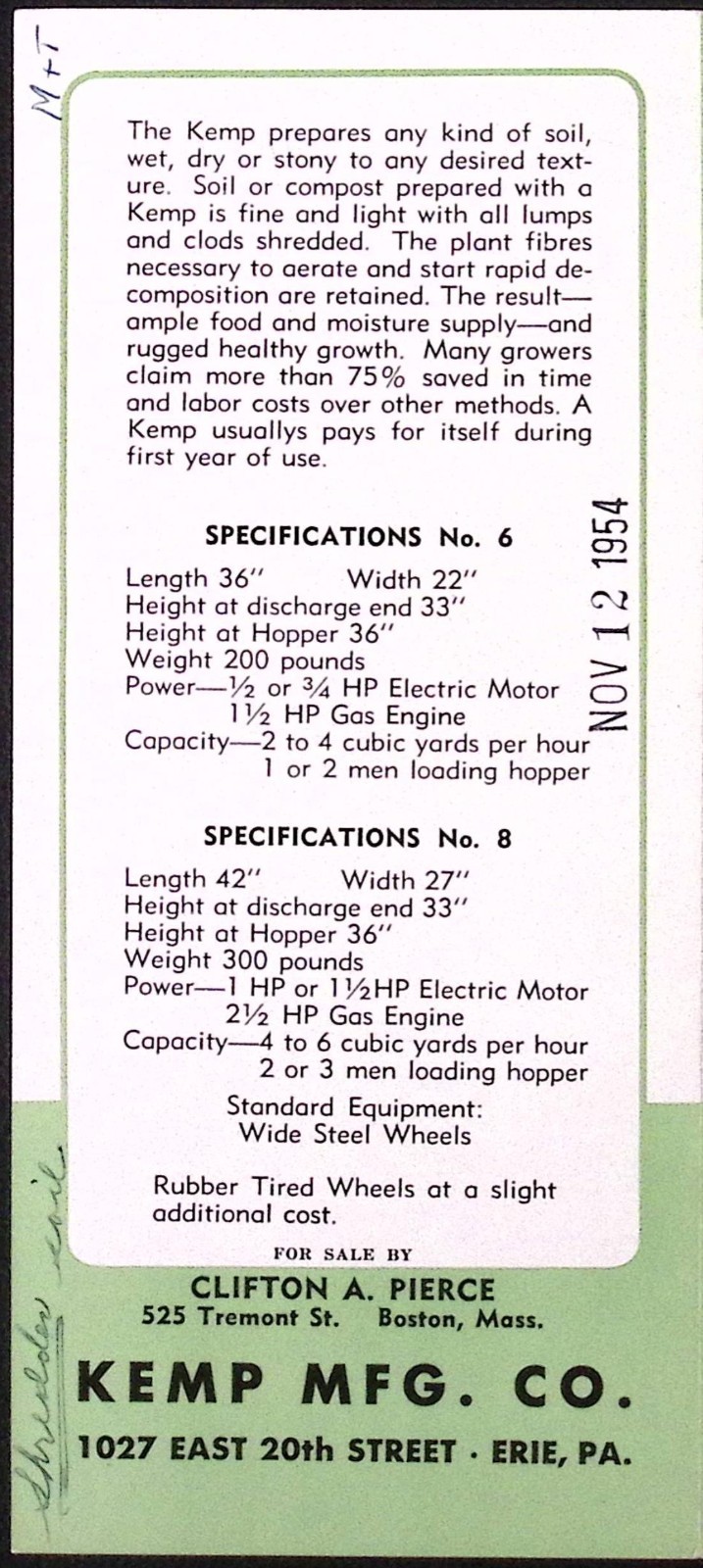 1954 Kemp Power Soil Shredder Sales Brochure Kemp Mfg Co Erie PA