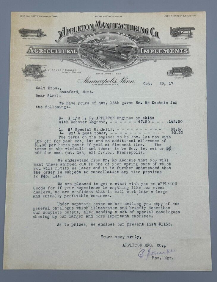 1917 APPLETON TRACTORS Farm Machinery MINNEAPOLIS Letter Antique Advertising