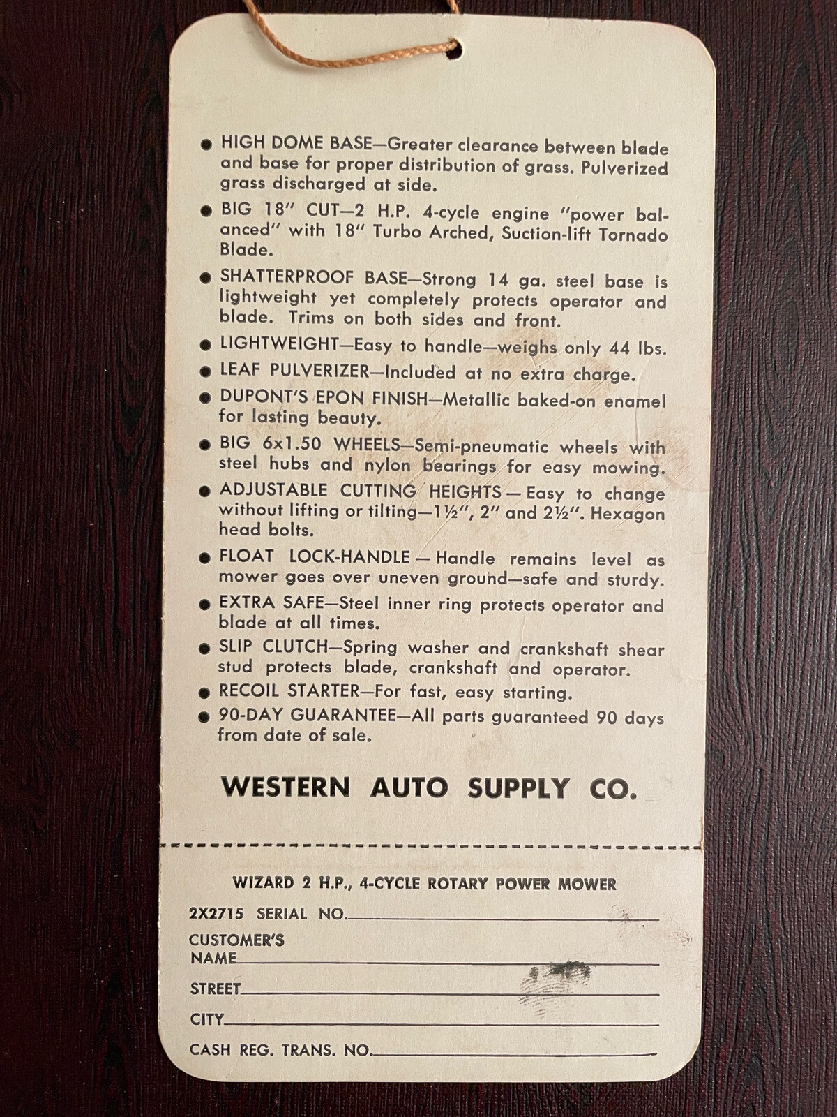 VINTAGE 1950’ S WESTERN AUTO &lsquo;WIZARD&rsquo; LAWN MOWER SALES HANG TAG , Automotive