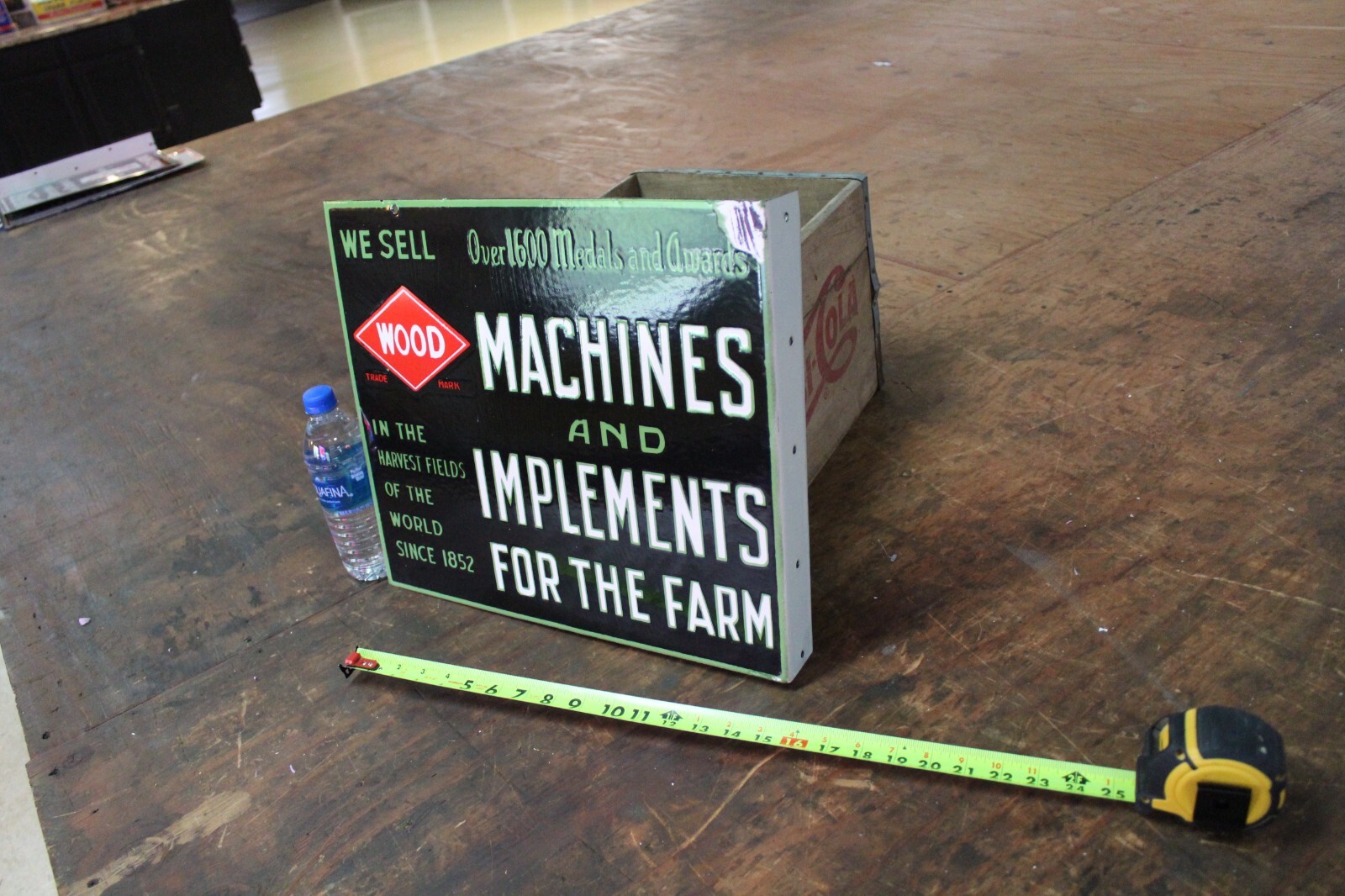 WOOD MACHINES AND IMPLEMENTS FARM DEALER 2-SIDED PORCELAIN METAL SIGN SEED FEED