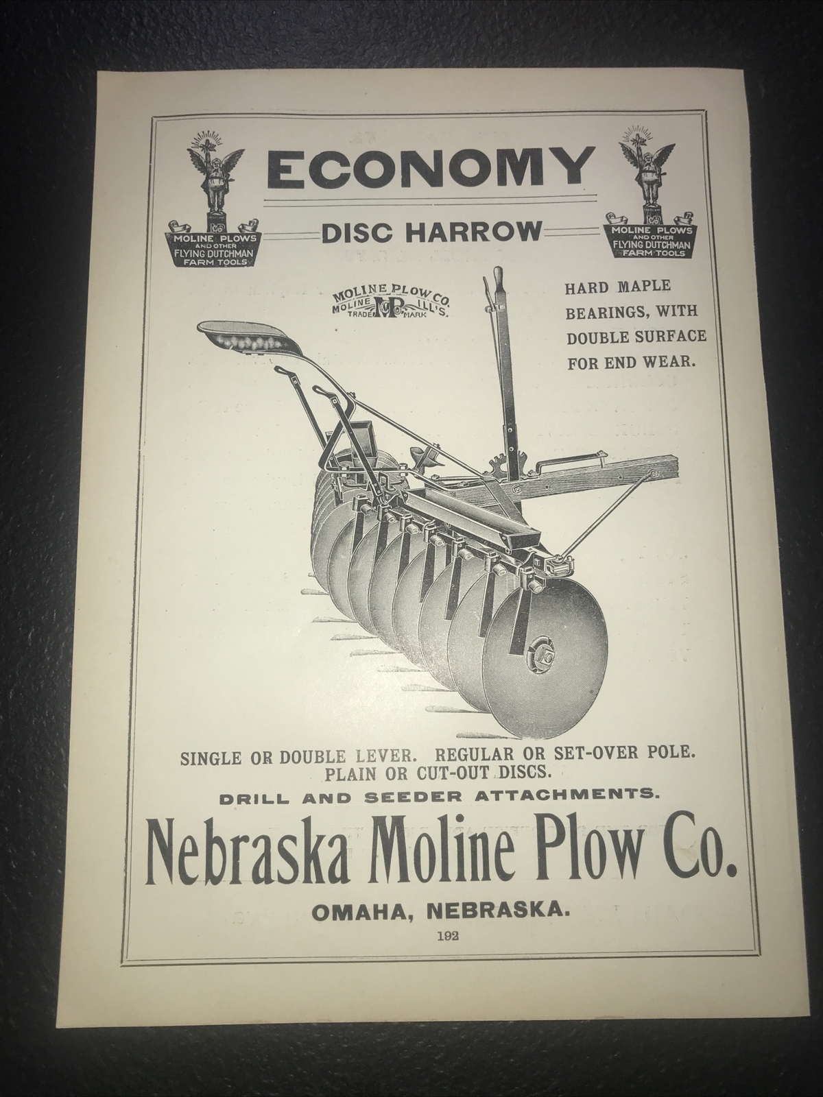 ORIGINAL 1905 Nebraska Moline Plow Farm Advertising – Omaha – Disc Harrow