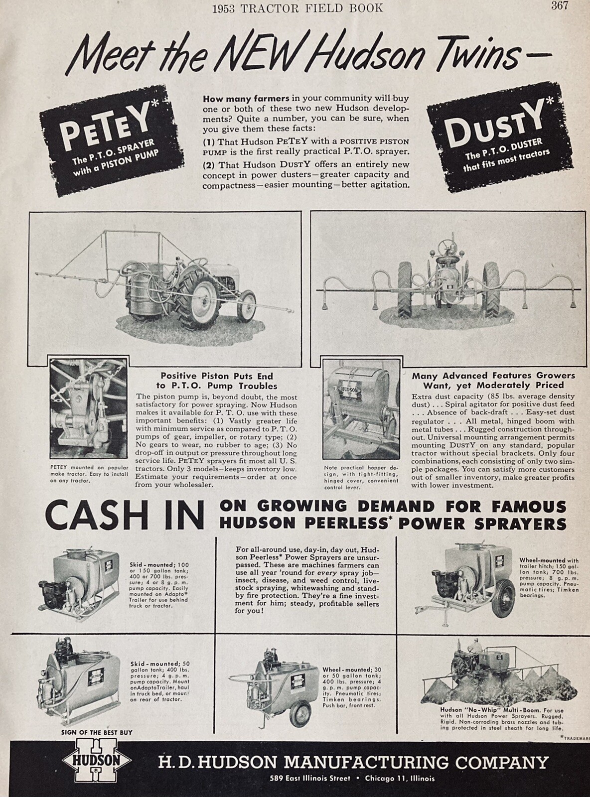 1953 AD.(XH21)~H.D. HUDSON MFG. CO. CHICAGO. “PETEY” & “ DUSTY” CROP DUSTERS