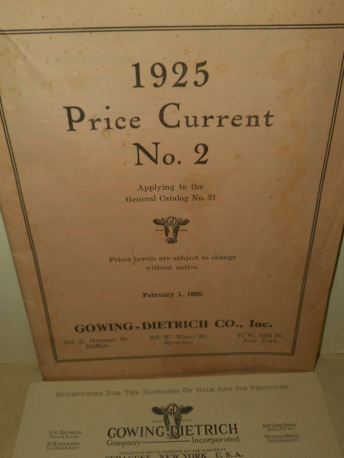 1925 GOWING DIETRICH Co. NY Dairy Farm Ice Cream Equipment Catalog & Letterhead