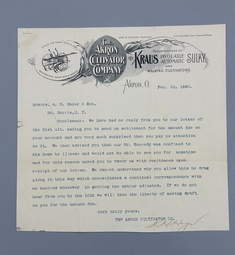 1899 AKRON CULTIVATOR Kraus Sulky OHIO Farm Advertising Antique Letter