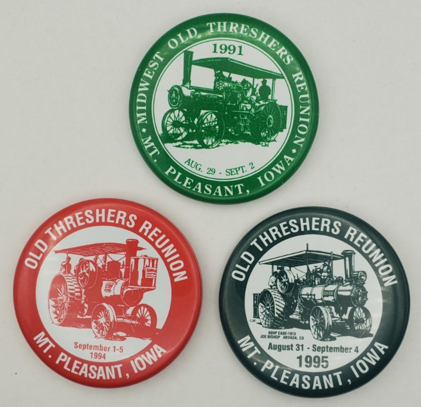3 Vintage Old Threshers Reunion 1991 94 and 95 Mt Pleasant IA Pinback Button