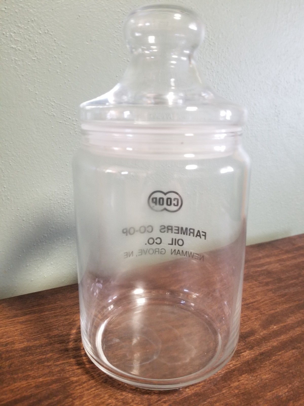 Apothecary Jar Vintage Advertising Glass with Lid Farmer&rsquo;s Co-op Oil Company