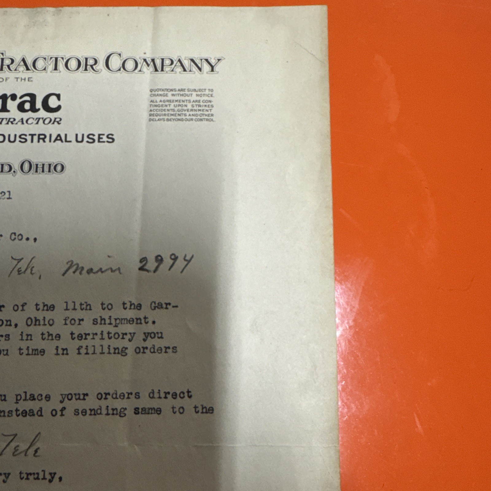 Cleveland Tractor Company Cletrac Letterhead April 11, 1921