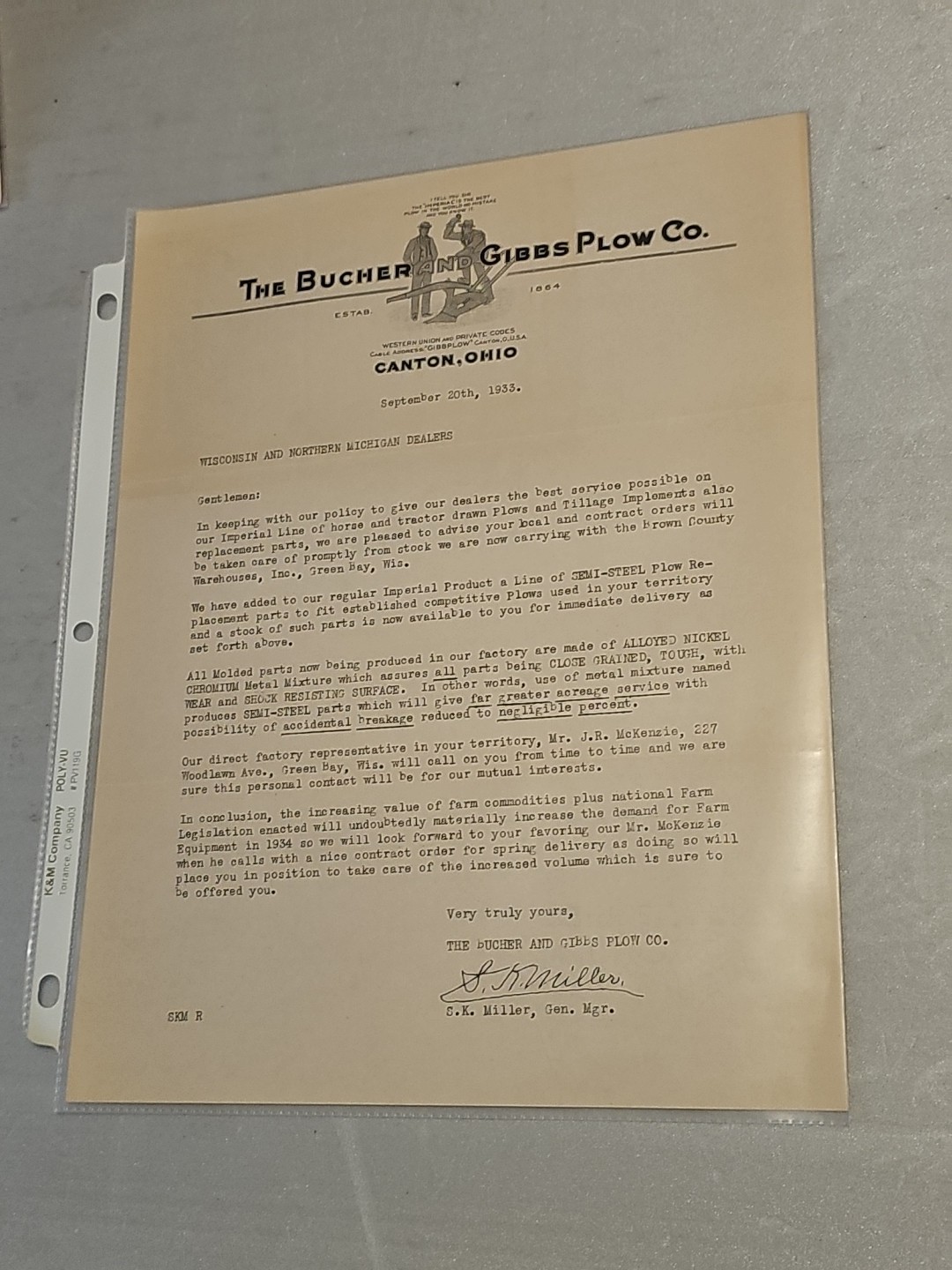 Vintage Bucher And Gibbs Plow Co. Letter Head 1933