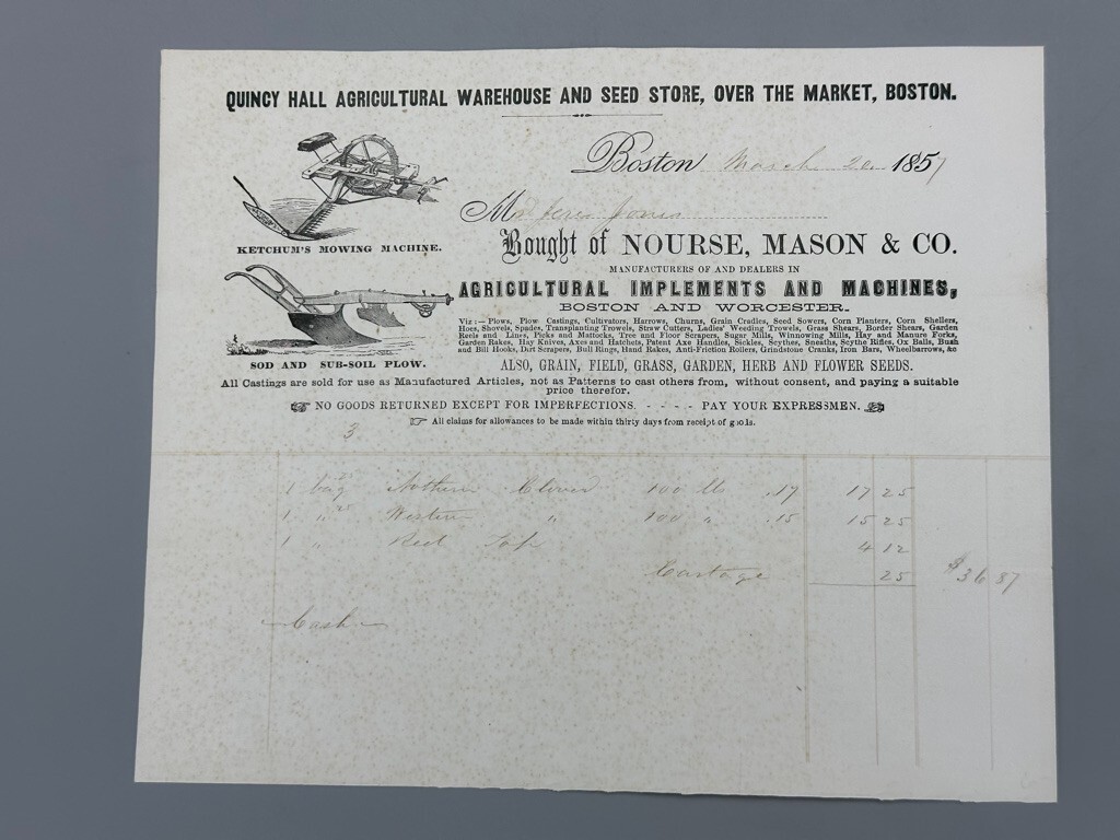 1857 QUINCY HALL AGRICULTURAL Warehouse FARM Machinery Advertise Billhead BOSTON