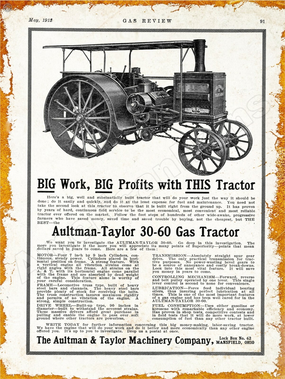 1913 Aultman Taylor 30-60 Gas Tractor New Metal Sign: Mansfield, Ohio