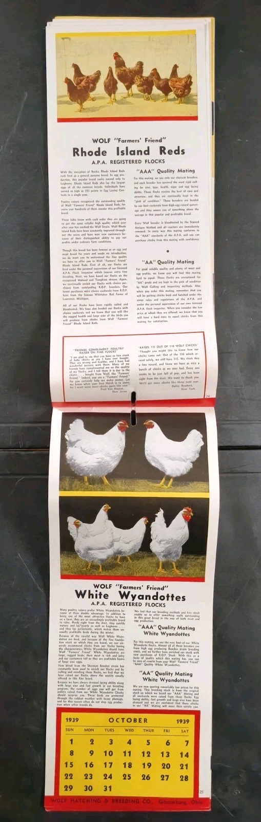 1939 Wolf Baby Chicks Catalog Calendar Sale Brochure Chicken Farming Advertising