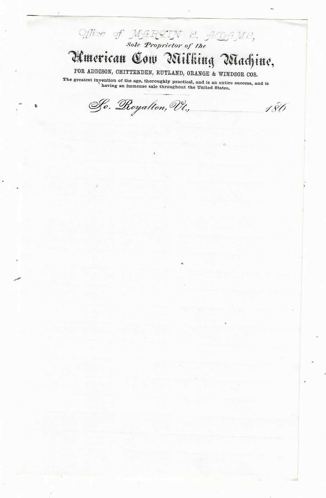 1860 Advertising Letterhead American Cow Milking Machine South Royalton VT Adams