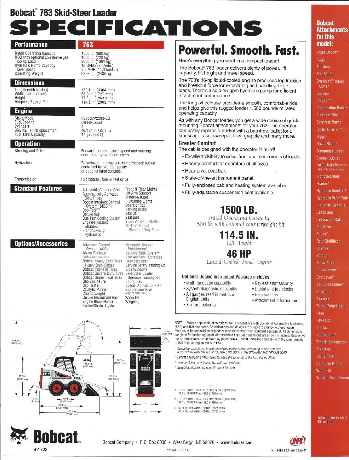 Original Bobcat Model 763 Skid Steer Loader Sales Brochure Spec Sheet Form B1723