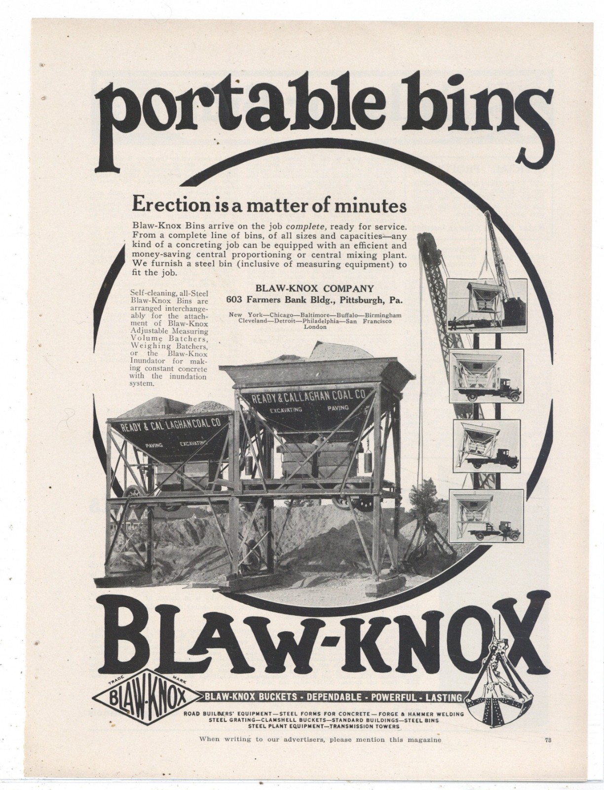 1927 Blaw Knox of Pittsburgh Ad: Ready & Callaghan Coal. Erection in Minutes!