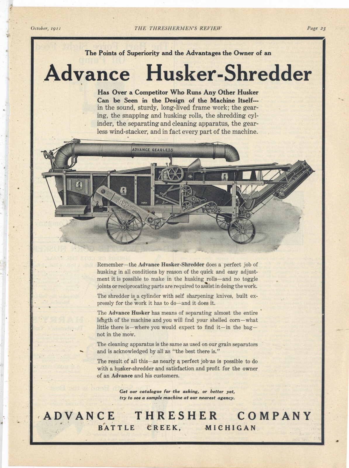 1911 Advance Thresher Co. Ad: Gearless Husker Shredder – Battle Creek, Michigan