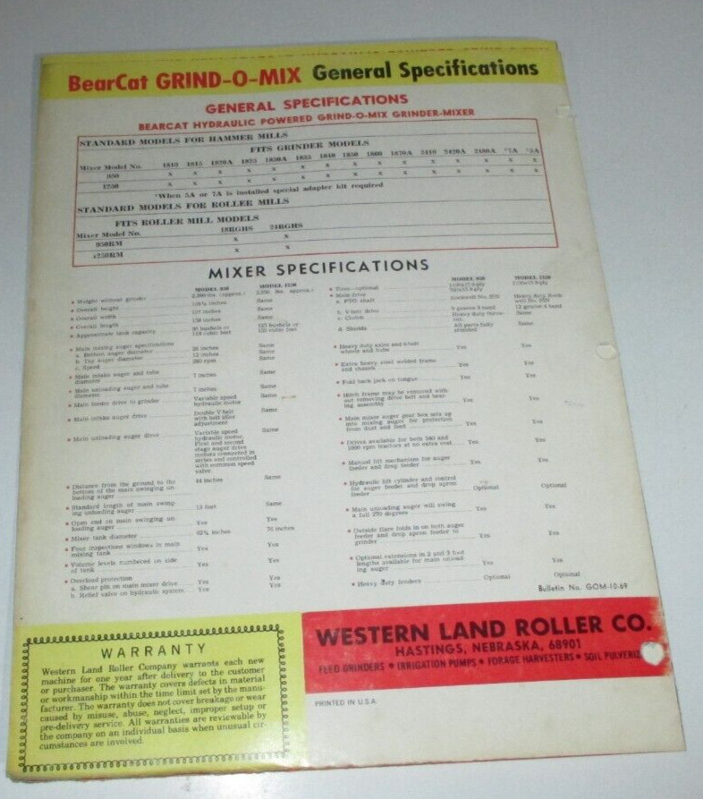 *Bear Cat 950 & 1250 Grind-O-Mix Feed Grinder / Mixer Sales Brochure Literature