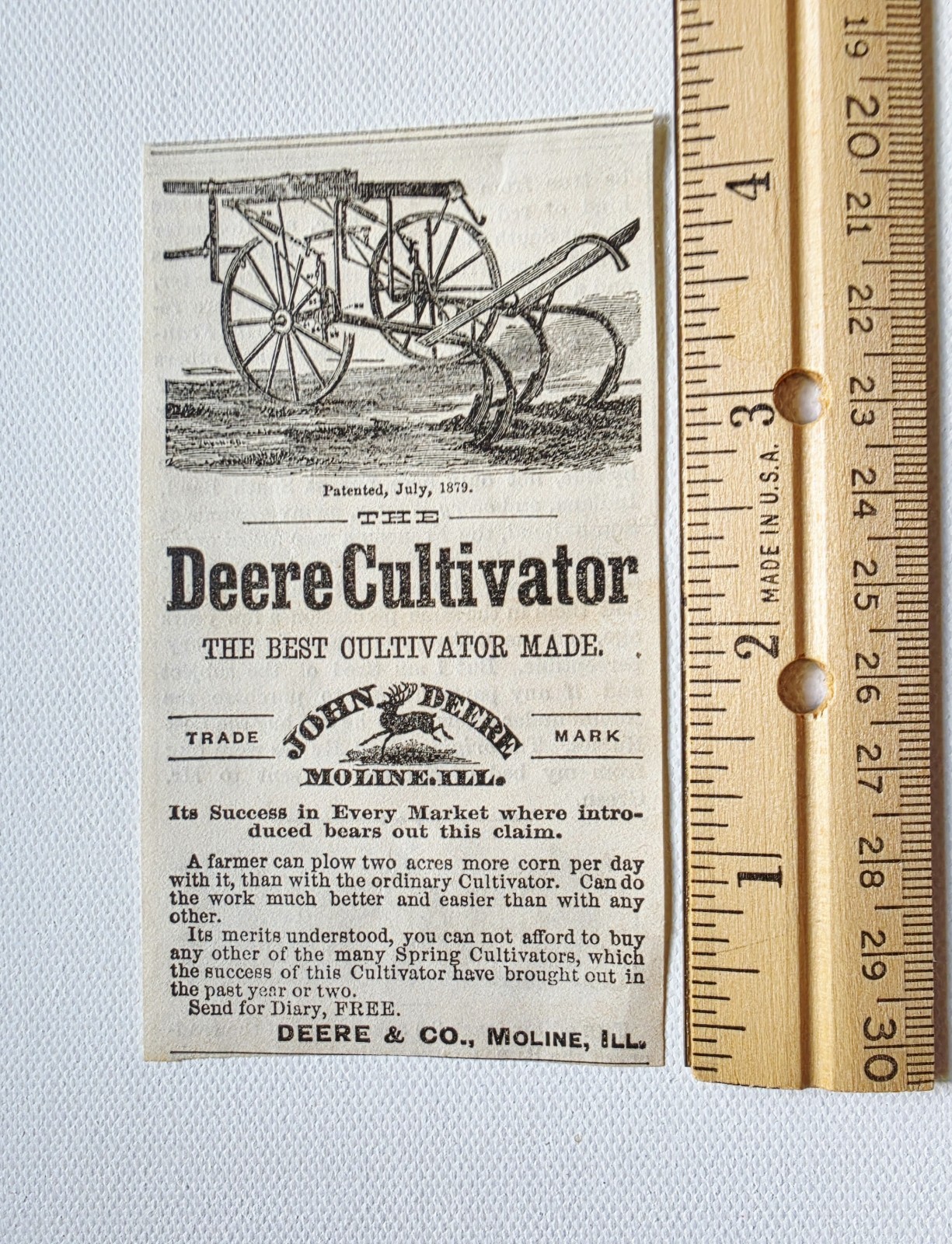 Patented July, 1879 John Deere Cultivator Newspaper Advertising Light Crease