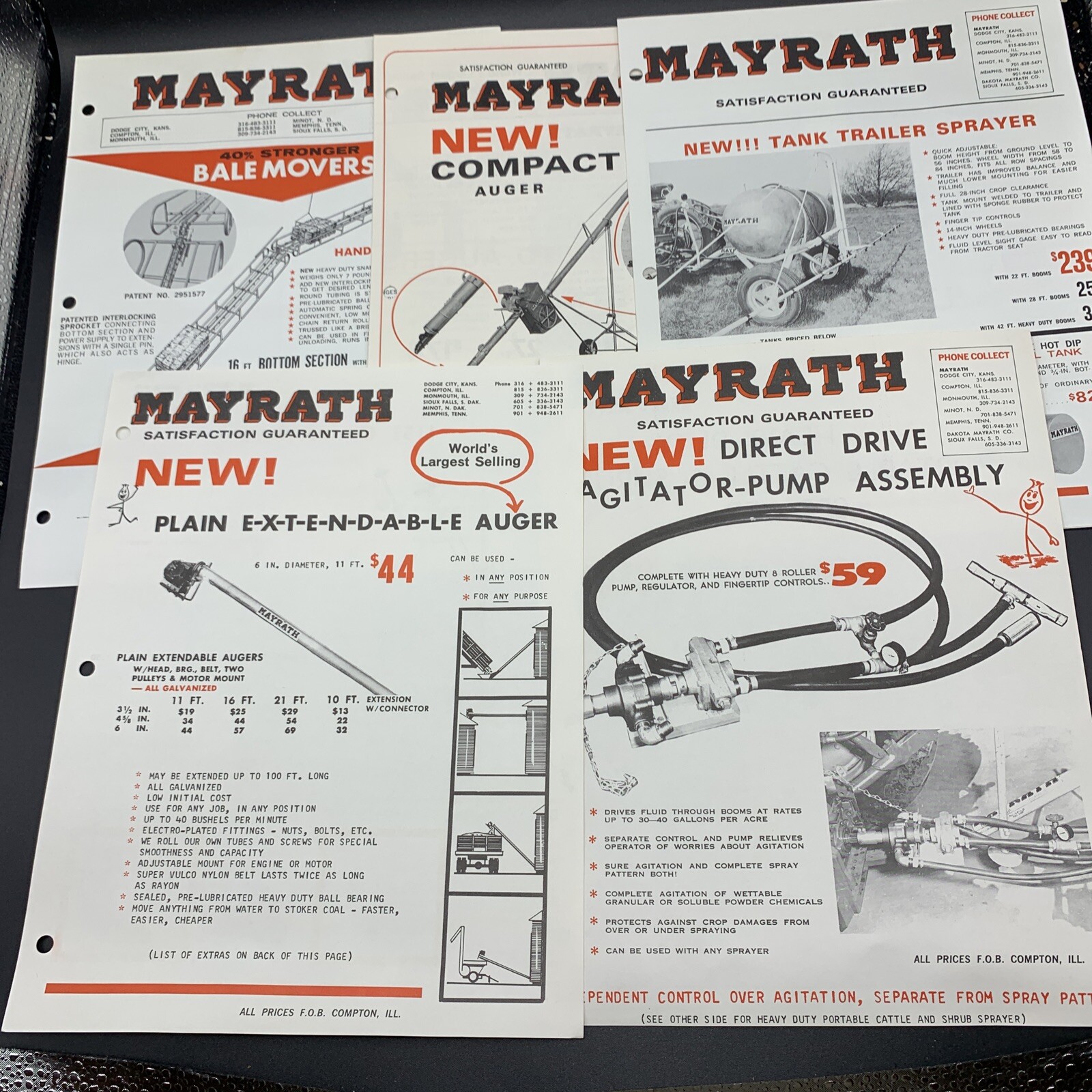 5 Original Mayrath Farm Implements Sales Brochures-Compton Illinois-1950’s