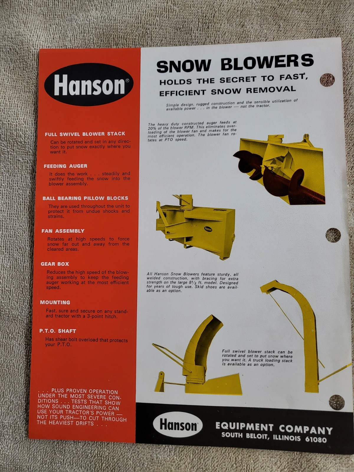 HANSON Vintage 1960s Snowblowers Sales BROCHURE Tractor Rear Mount PTO 3point