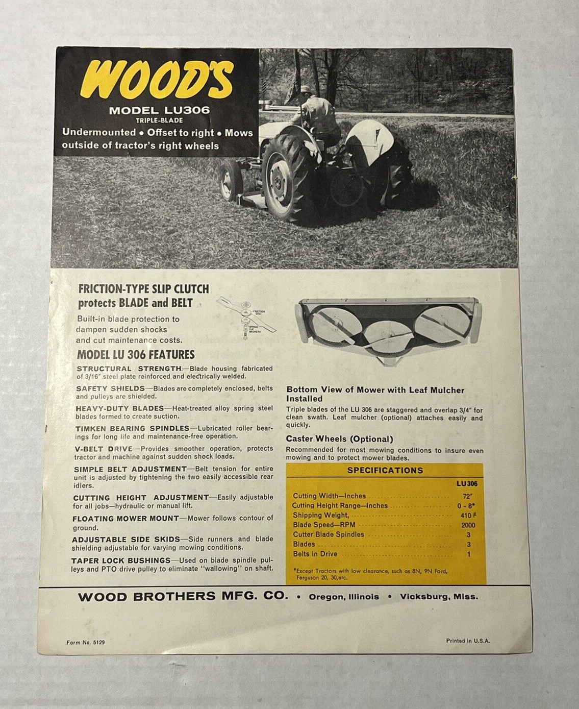 Wood&rsquo;s Brothers Undermounted Rotary Mower Model LU306 Dealer Sales Brochure