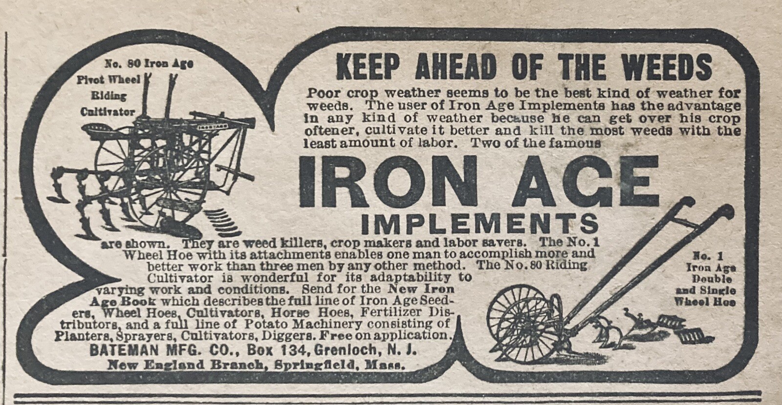 1906 AD.(XH67)~BATEMAN MFG. CO. GRENLOCH, NJ. IRON AGE FARM IMPLEMENTS
