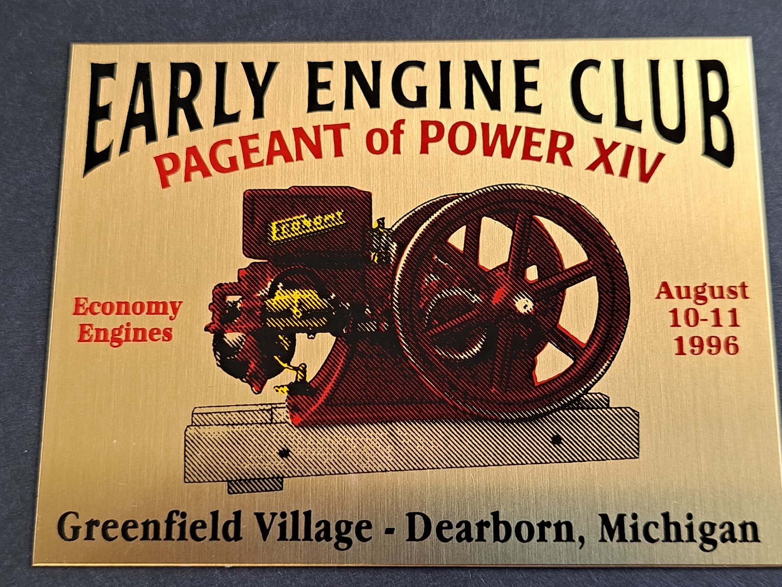 Early Engine Club 1996 Economy Engines Pageant of Power XIV Brass Tone Plaque