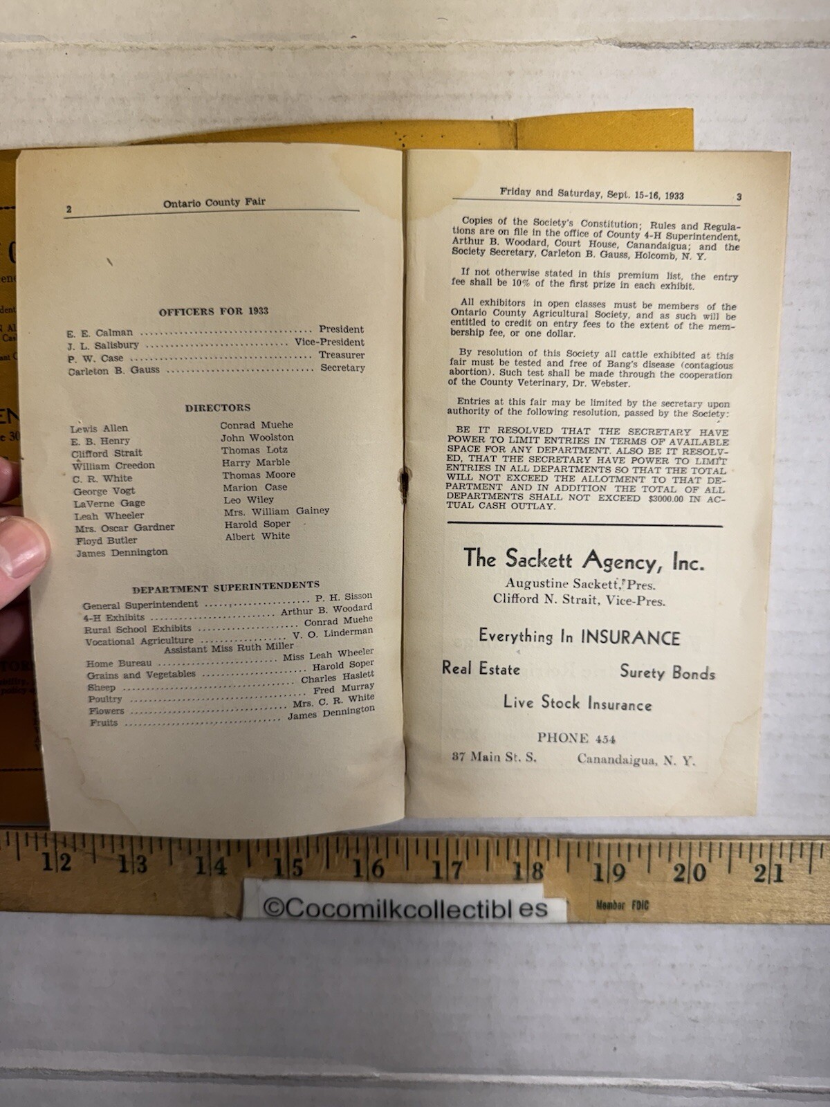 Vintage 1933 93rd Annual Exhibition of The Ontario County Agricultural Brochure