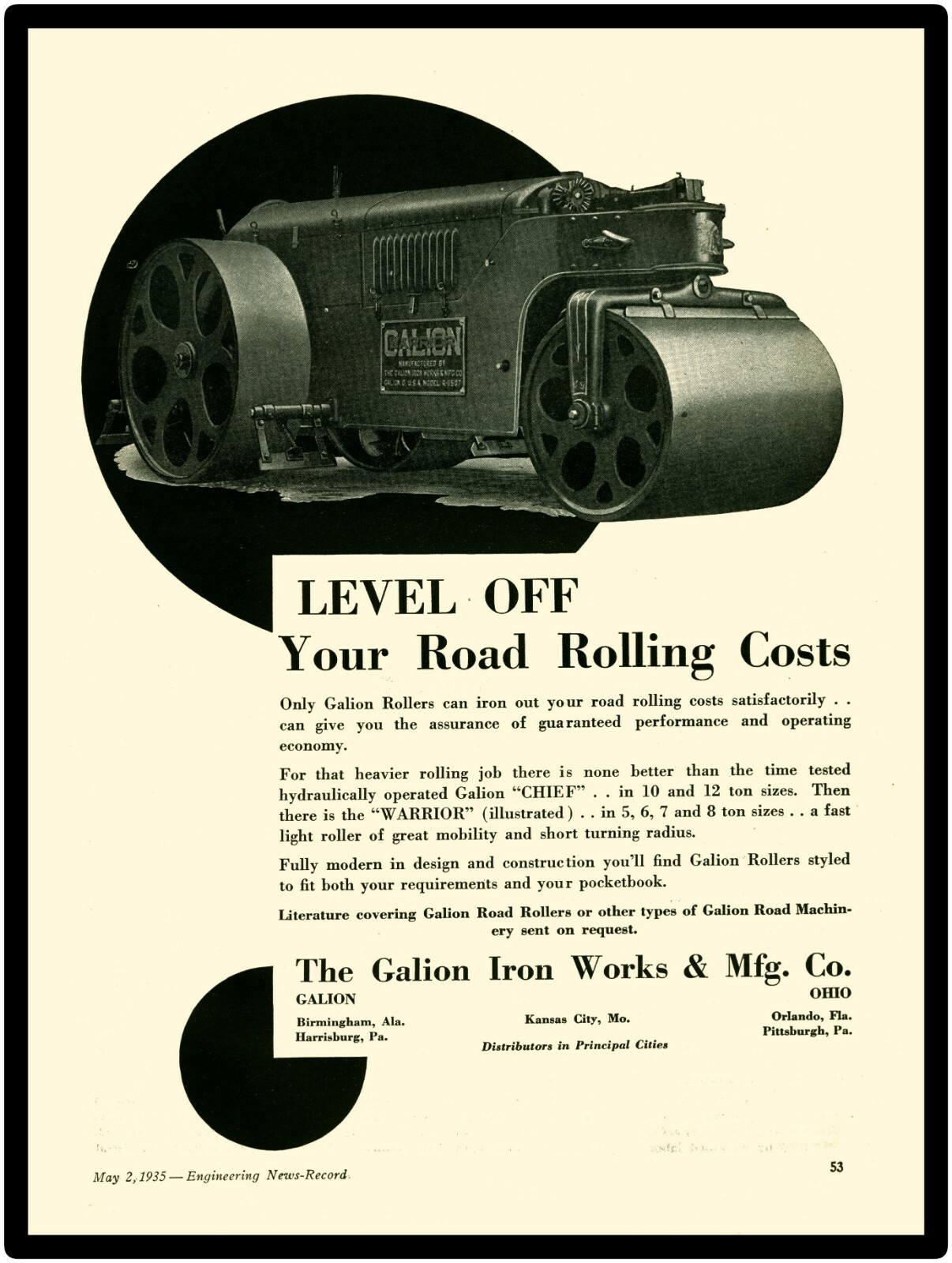 1929 Galion Iron Works Co. New Metal Sign: Road Roller Featured Model R-507