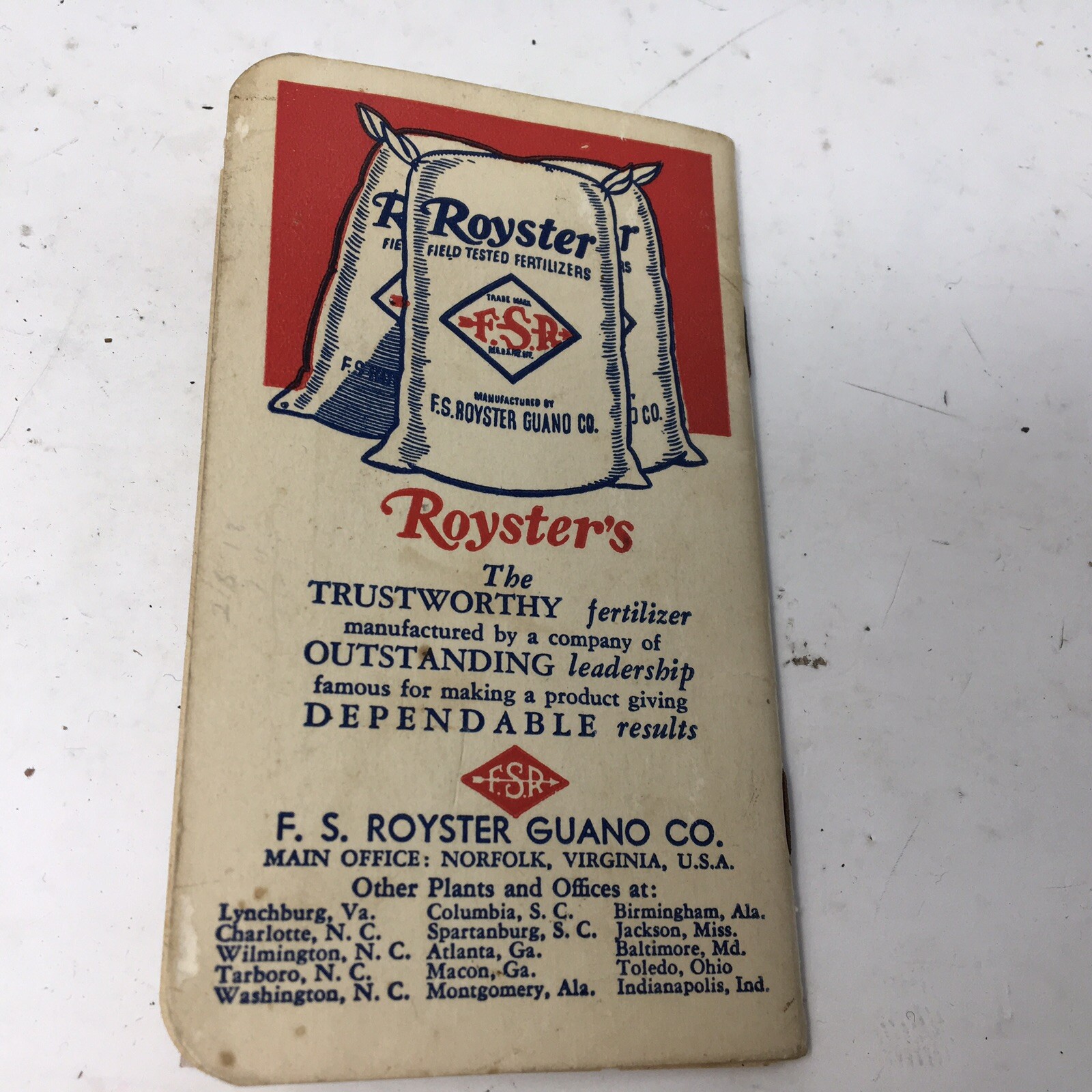 1940 F.S. Royster Guano Co. Fertilizer Advertising Pocket Memo Book Norfolk, VA