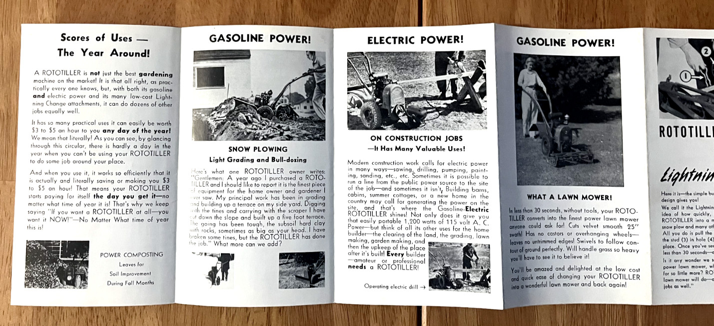 Rototiller Gas and Electric Generator attachment sales brochure Troy New York